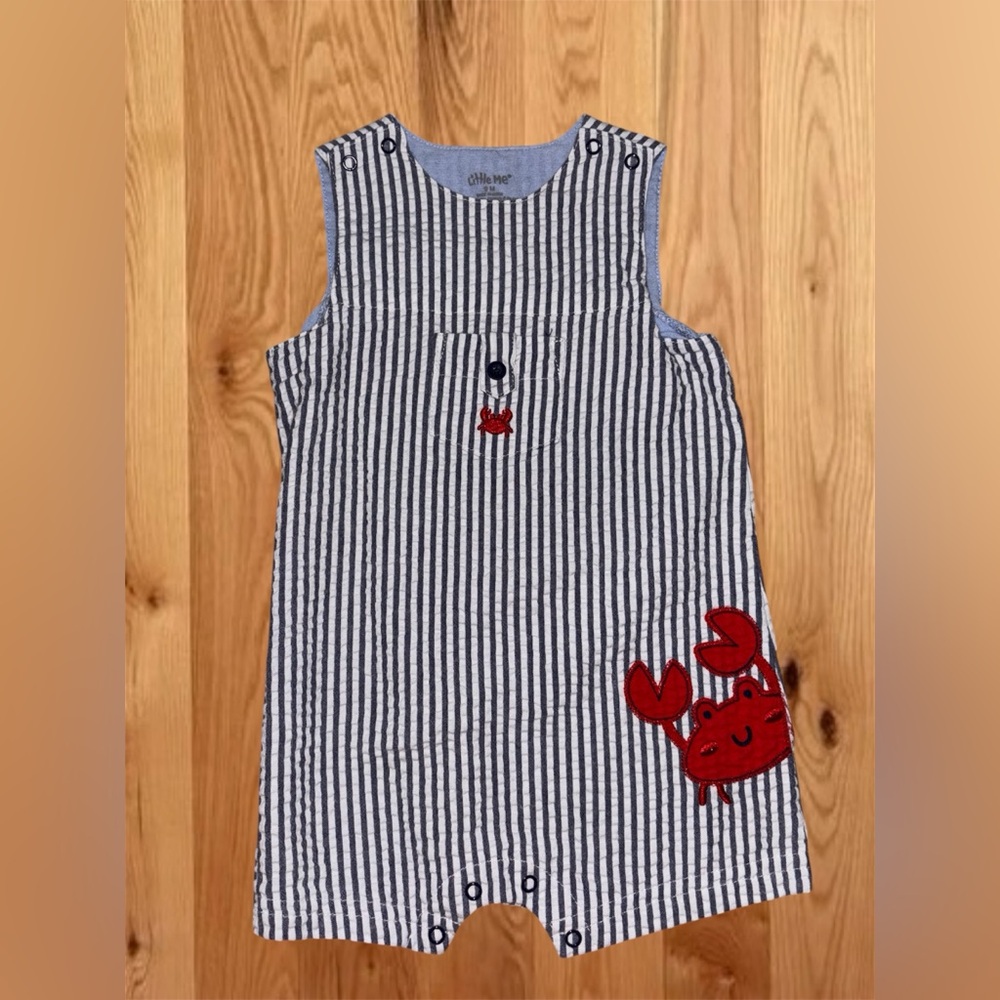 Little Me Blue and White Striped Bodysuit with Red Crab